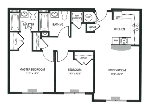 Floor plan for 2 beds, 2 baths, 922 sqft